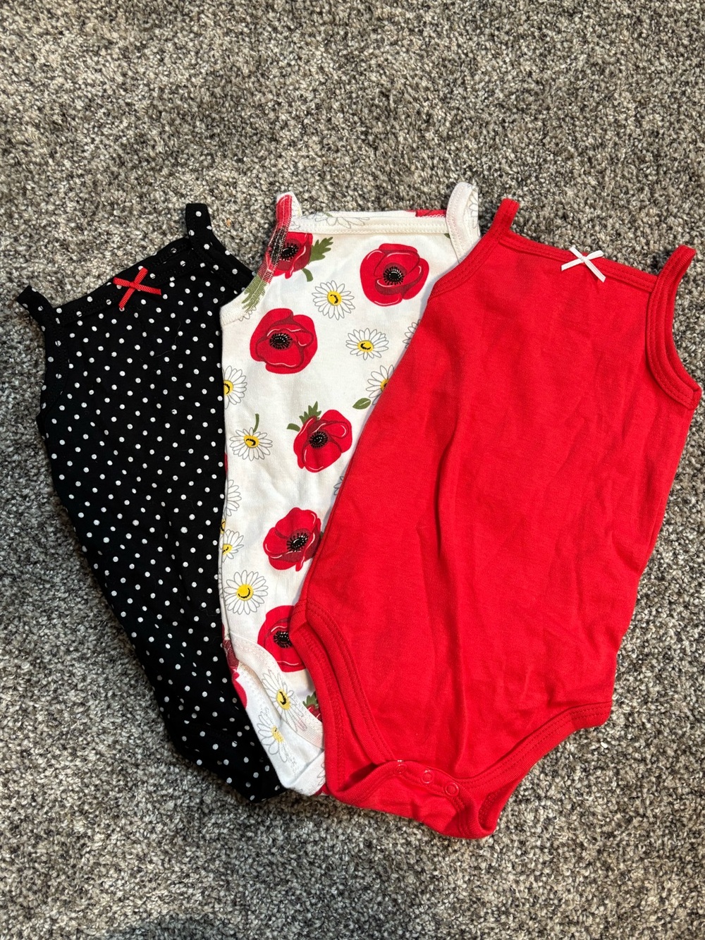 Girls 3-Pack Tank Bodysuits - Red, White Floral, Black Polka Dot